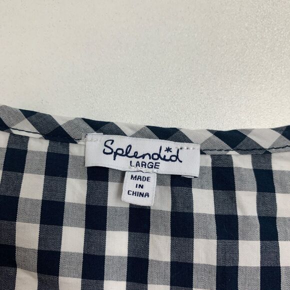 Splendid Blouse Womens L Large Navy Gingham Check Ruffled Sleeve Tassel Tie Top - Picture 9 of 13